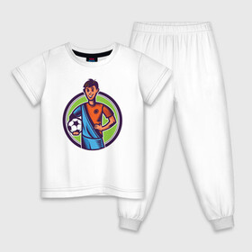Детская пижама хлопок с принтом Футболист с мячом в Белгороде, 100% хлопок |  брюки и футболка прямого кроя, без карманов, на брюках мягкая резинка на поясе и по низу штанин
 | держит | игра | игрок | мяч | популярная | стоит | улыбается | футбол | футболист