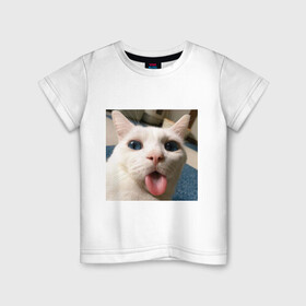 Детская футболка хлопок с принтом Мем про кота в Белгороде, 100% хлопок | круглый вырез горловины, полуприлегающий силуэт, длина до линии бедер | белый киса | кашель | кот | мем | мерзость | милый | прикол | эмоции