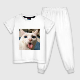 Детская пижама хлопок с принтом Мем про кота в Белгороде, 100% хлопок |  брюки и футболка прямого кроя, без карманов, на брюках мягкая резинка на поясе и по низу штанин
 | белый киса | кашель | кот | мем | мерзость | милый | прикол | эмоции