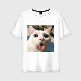 Женская футболка хлопок Oversize с принтом Мем про кота в Белгороде, 100% хлопок | свободный крой, круглый ворот, спущенный рукав, длина до линии бедер
 | Тематика изображения на принте: белый киса | кашель | кот | мем | мерзость | милый | прикол | эмоции
