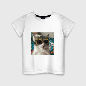 Детская футболка хлопок с принтом Мем про кота в Белгороде, 100% хлопок | круглый вырез горловины, полуприлегающий силуэт, длина до линии бедер | в очках | киса селфи | кот | мем | милый | прикол