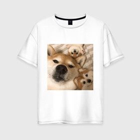 Женская футболка хлопок Oversize с принтом Мем про собак в Белгороде, 100% хлопок | свободный крой, круглый ворот, спущенный рукав, длина до линии бедер
 | белый | игрушки мягкие | мем | милый | прикол | сиба ину | собака