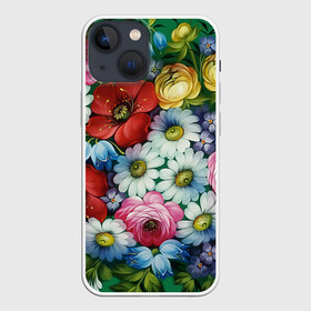 Чехол для iPhone 13 mini с принтом Ромашки на зеленом фоне в Белгороде,  |  | декоративная роспись | живопись | жостово | жостовская роспись | ромашки | цветы