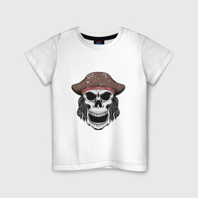 Детская футболка хлопок с принтом Череп пирата в Белгороде, 100% хлопок | круглый вырез горловины, полуприлегающий силуэт, длина до линии бедер | Тематика изображения на принте: captain | pirate | skull | капитан | пират | череп | штурвал