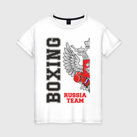 Женская футболка хлопок с принтом Boxing Russia (двухсторонняя) в Белгороде, 100% хлопок | прямой крой, круглый вырез горловины, длина до линии бедер, слегка спущенное плечо | boxer | boxing | russia team | бокс | боксер | сборная россии | тайский бокс