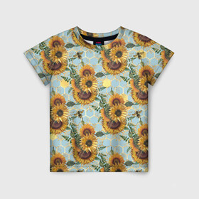 Детская футболка 3D с принтом Подсолнухи и пчёлы на голубом в Белгороде, 100% гипоаллергенный полиэфир | прямой крой, круглый вырез горловины, длина до линии бедер, чуть спущенное плечо, ткань немного тянется | Тематика изображения на принте: bee | bees | blue sky | fashion | flowers | flowers lovers | honey | sunflower | sunflowers | букет подсолнухов | весенние подсолнухи | голубое небо | жёлтые подсолнухи | летние подсолнухи | летние цветы | мёд | медовые соты