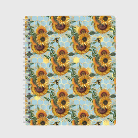 Тетрадь с принтом Подсолнухи и пчёлы на голубом в Белгороде, 100% бумага | 48 листов, плотность листов — 60 г/м2, плотность картонной обложки — 250 г/м2. Листы скреплены сбоку удобной пружинной спиралью. Уголки страниц и обложки скругленные. Цвет линий — светло-серый
 | bee | bees | blue sky | fashion | flowers | flowers lovers | honey | sunflower | sunflowers | букет подсолнухов | весенние подсолнухи | голубое небо | жёлтые подсолнухи | летние подсолнухи | летние цветы | мёд | медовые соты