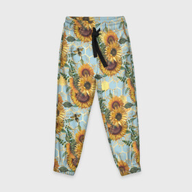 Детские брюки 3D с принтом Подсолнухи и пчёлы на голубом в Белгороде, 100% полиэстер | манжеты по низу, эластичный пояс регулируется шнурком, по бокам два кармана без застежек, внутренняя часть кармана из мелкой сетки | bee | bees | blue sky | fashion | flowers | flowers lovers | honey | sunflower | sunflowers | букет подсолнухов | весенние подсолнухи | голубое небо | жёлтые подсолнухи | летние подсолнухи | летние цветы | мёд | медовые соты