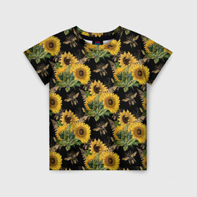 Детская футболка 3D с принтом Fashion Sunflowers and bees в Белгороде, 100% гипоаллергенный полиэфир | прямой крой, круглый вырез горловины, длина до линии бедер, чуть спущенное плечо, ткань немного тянется | Тематика изображения на принте: black | fashion | flowers | flowers lovers | sunflower | sunflowers | букет подсолнухов | весенние подсолнухи | жёлтые подсолнухи | летние подсолнухи | летние цветы | насекомые | подсолнечник | подсолнухи