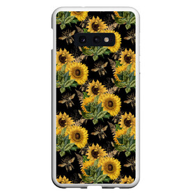 Чехол для Samsung S10E с принтом Fashion Sunflowers and bees в Белгороде, Силикон | Область печати: задняя сторона чехла, без боковых панелей | Тематика изображения на принте: black | fashion | flowers | flowers lovers | sunflower | sunflowers | букет подсолнухов | весенние подсолнухи | жёлтые подсолнухи | летние подсолнухи | летние цветы | насекомые | подсолнечник | подсолнухи