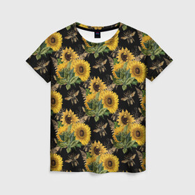Женская футболка 3D с принтом Fashion Sunflowers and bees в Белгороде, 100% полиэфир ( синтетическое хлопкоподобное полотно) | прямой крой, круглый вырез горловины, длина до линии бедер | black | fashion | flowers | flowers lovers | sunflower | sunflowers | букет подсолнухов | весенние подсолнухи | жёлтые подсолнухи | летние подсолнухи | летние цветы | насекомые | подсолнечник | подсолнухи