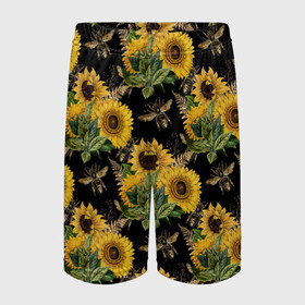 Детские спортивные шорты 3D с принтом Fashion Sunflowers and bees в Белгороде,  100% полиэстер
 | пояс оформлен широкой мягкой резинкой, ткань тянется
 | black | fashion | flowers | flowers lovers | sunflower | sunflowers | букет подсолнухов | весенние подсолнухи | жёлтые подсолнухи | летние подсолнухи | летние цветы | насекомые | подсолнечник | подсолнухи