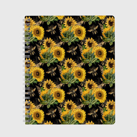 Тетрадь с принтом Fashion Sunflowers and bees в Белгороде, 100% бумага | 48 листов, плотность листов — 60 г/м2, плотность картонной обложки — 250 г/м2. Листы скреплены сбоку удобной пружинной спиралью. Уголки страниц и обложки скругленные. Цвет линий — светло-серый
 | black | fashion | flowers | flowers lovers | sunflower | sunflowers | букет подсолнухов | весенние подсолнухи | жёлтые подсолнухи | летние подсолнухи | летние цветы | насекомые | подсолнечник | подсолнухи