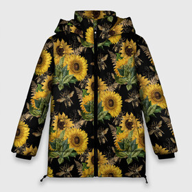Женская зимняя куртка Oversize с принтом Fashion Sunflowers and bees в Белгороде, верх — 100% полиэстер; подкладка — 100% полиэстер; утеплитель — 100% полиэстер | длина ниже бедра, силуэт Оверсайз. Есть воротник-стойка, отстегивающийся капюшон и ветрозащитная планка. 

Боковые карманы с листочкой на кнопках и внутренний карман на молнии | black | fashion | flowers | flowers lovers | sunflower | sunflowers | букет подсолнухов | весенние подсолнухи | жёлтые подсолнухи | летние подсолнухи | летние цветы | насекомые | подсолнечник | подсолнухи