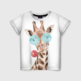 Детская футболка 3D с принтом Жираф в очках в Белгороде, 100% гипоаллергенный полиэфир | прямой крой, круглый вырез горловины, длина до линии бедер, чуть спущенное плечо, ткань немного тянется | Тематика изображения на принте: животные | жираф | звери | конфета | очки | чупа чупс