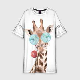 Детское платье 3D с принтом Жираф в очках в Белгороде, 100% полиэстер | прямой силуэт, чуть расширенный к низу. Круглая горловина, на рукавах — воланы | Тематика изображения на принте: животные | жираф | звери | конфета | очки | чупа чупс