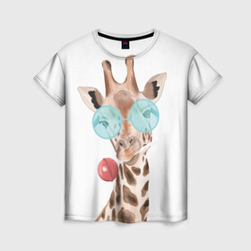 Женская футболка 3D с принтом Жираф в очках в Белгороде, 100% полиэфир ( синтетическое хлопкоподобное полотно) | прямой крой, круглый вырез горловины, длина до линии бедер | животные | жираф | звери | конфета | очки | чупа чупс