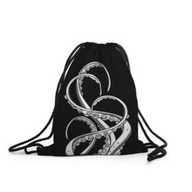 Рюкзак-мешок 3D с принтом Octopus Black and White в Белгороде, 100% полиэстер | плотность ткани — 200 г/м2, размер — 35 х 45 см; лямки — толстые шнурки, застежка на шнуровке, без карманов и подкладки | Тематика изображения на принте: fish | kraken | ocean spirit | octopus | sea | summer | вода | водный мир | животные | зверь | кальмар | кракен | лето | монстр | море | морская живность | морские обитатели | осьминог | отпуск | рыба | черно белый | чуд