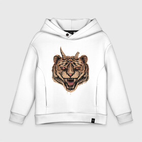 Детское худи Oversize хлопок с принтом Evil Tiger в Белгороде, френч-терри — 70% хлопок, 30% полиэстер. Мягкий теплый начес внутри —100% хлопок | боковые карманы, эластичные манжеты и нижняя кромка, капюшон на магнитной кнопке | Тематика изображения на принте: животные | зло | рога | тигр | третий глаз