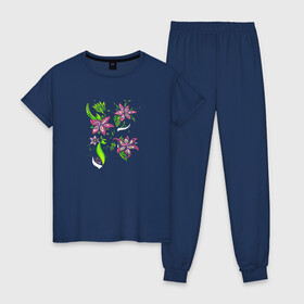 Женская пижама хлопок с принтом Four flowers в Белгороде, 100% хлопок | брюки и футболка прямого кроя, без карманов, на брюках мягкая резинка на поясе и по низу штанин | flowers | природа | растения | розовый цветок | цветы