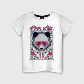 Детская футболка хлопок с принтом PINK LIFE в Белгороде, 100% хлопок | круглый вырез горловины, полуприлегающий силуэт, длина до линии бедер | black | fashion | girl | life | panda | pink | roses | text | white | женский | жизнь | лето | мода | очки | панда | розовый | розы | стиль | узор