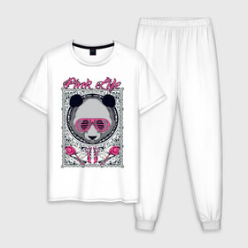 Мужская пижама хлопок с принтом PINK LIFE в Белгороде, 100% хлопок | брюки и футболка прямого кроя, без карманов, на брюках мягкая резинка на поясе и по низу штанин
 | Тематика изображения на принте: black | fashion | girl | life | panda | pink | roses | text | white | женский | жизнь | лето | мода | очки | панда | розовый | розы | стиль | узор