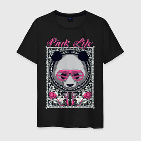 Мужская футболка хлопок с принтом PINK LIFE в Белгороде, 100% хлопок | прямой крой, круглый вырез горловины, длина до линии бедер, слегка спущенное плечо. | Тематика изображения на принте: black | fashion | girl | life | panda | pink | roses | text | white | женский | жизнь | лето | мода | очки | панда | розовый | розы | стиль | узор