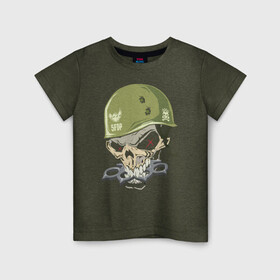 Детская футболка хлопок с принтом Five Finger Death Punch в Белгороде, 100% хлопок | круглый вырез горловины, полуприлегающий силуэт, длина до линии бедер | fangs | groove metal | group | helmet | jaw | rock | грув металл | группа | клыки | пасть | рок | череп | шлем