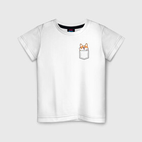 Детская футболка хлопок с принтом Корги в кармашке в Белгороде, 100% хлопок | круглый вырез горловины, полуприлегающий силуэт, длина до линии бедер | вельш корги | звери | корги | собаки