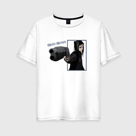 Женская футболка хлопок Oversize с принтом Риэл Мэйер (Эрго Прокси) в Белгороде, 100% хлопок | свободный крой, круглый ворот, спущенный рукав, длина до линии бедер
 | ergo proxy | аниме | надпись | пистолет | риэл мэйер | черные волосы