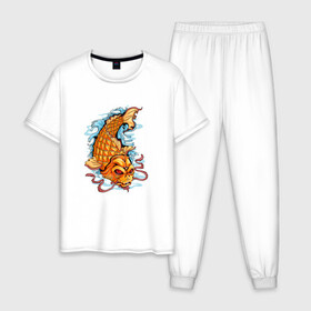 Мужская пижама хлопок с принтом Рыбка Кои в Белгороде, 100% хлопок | брюки и футболка прямого кроя, без карманов, на брюках мягкая резинка на поясе и по низу штанин
 | fish | water | вода | карп | карпы | кои | море | морское | рыба | цветы | японские