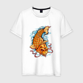 Мужская футболка хлопок с принтом Рыбка Кои в Белгороде, 100% хлопок | прямой крой, круглый вырез горловины, длина до линии бедер, слегка спущенное плечо. | fish | water | вода | карп | карпы | кои | море | морское | рыба | цветы | японские