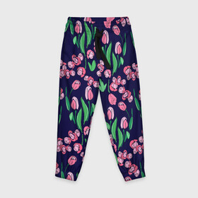 Детские брюки 3D с принтом Тюльпаны в Белгороде, 100% полиэстер | манжеты по низу, эластичный пояс регулируется шнурком, по бокам два кармана без застежек, внутренняя часть кармана из мелкой сетки | растительный узор | рисунок | синий | тюльпан | цветы