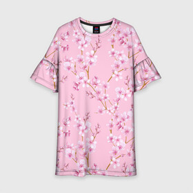 Детское платье 3D с принтом Цветущая розовая вишня в Белгороде, 100% полиэстер | прямой силуэт, чуть расширенный к низу. Круглая горловина, на рукавах — воланы | Тематика изображения на принте: cherry blossom | sakura | азия | весна | ветки | вишня | для девушки | женский | милый | нежный | природа | розовый | сакура | цветение | цветочный принт | цветущая вишня | цветущие ветки | цветущий миндаль