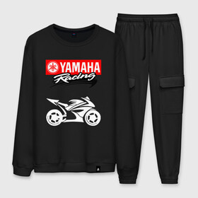 Мужской костюм хлопок с принтом YAMAHA ЯМАХА RACING в Белгороде, 100% хлопок | на свитшоте круглая горловина, мягкая резинка по низу. Брюки заужены к низу, на них два вида карманов: два “обычных” по бокам и два объемных, с клапанами, расположенные ниже линии бедра. Брюки с мягкой трикотажной резинкой на поясе и по низу штанин. В поясе для дополнительного комфорта — широкие завязки | Тематика изображения на принте: motorcycle | yamaha | yzf r6. | байк | байкер | мотоспорт | мототехника | мотоцикл | мотоциклист | скутер | ямаха