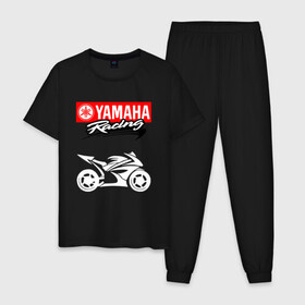 Мужская пижама хлопок с принтом YAMAHA ЯМАХА RACING в Белгороде, 100% хлопок | брюки и футболка прямого кроя, без карманов, на брюках мягкая резинка на поясе и по низу штанин
 | Тематика изображения на принте: motorcycle | yamaha | yzf r6. | байк | байкер | мотоспорт | мототехника | мотоцикл | мотоциклист | скутер | ямаха