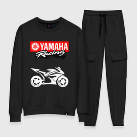 Женский костюм хлопок с принтом YAMAHA / ЯМАХА / RACING в Белгороде, 100% хлопок | на свитшоте круглая горловина, мягкая резинка по низу. Брюки заужены к низу, на них два вида карманов: два 