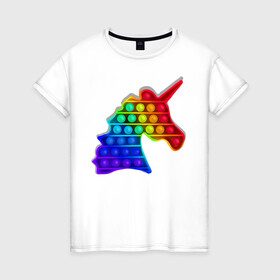 Женская футболка хлопок с принтом Единорог, поп-ит, симпл-димпл в Белгороде, 100% хлопок | прямой крой, круглый вырез горловины, длина до линии бедер, слегка спущенное плечо | pop it | rainbow | unicorn | единорог | поп ит | радуга | симпл димпл