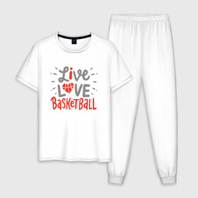 Мужская пижама хлопок с принтом Live Love Basketball в Белгороде, 100% хлопок | брюки и футболка прямого кроя, без карманов, на брюках мягкая резинка на поясе и по низу штанин
 | Тематика изображения на принте: basketball | game | live | love | nba | sport | streetball | баскетбол | баскетболист | игра | игрок | мяч | нба | спорт | стритбол | тренер