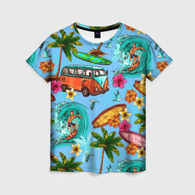 Женская футболка 3D с принтом Пальмы волны серфинг в Белгороде, 100% полиэфир ( синтетическое хлопкоподобное полотно) | прямой крой, круглый вырез горловины, длина до линии бедер | beach | club | palm | party | sea | summer | tropical | волна | волны | жара | летние | лето | море | очки | пальмы | пляж | серф | серфинг | тропический