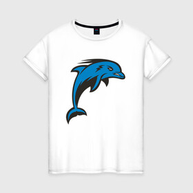 Женская футболка хлопок с принтом Злой дельфин в Белгороде, 100% хлопок | прямой крой, круглый вырез горловины, длина до линии бедер, слегка спущенное плечо | dolphin | дельфин | дельфины | море | морские | на голубом | с дельфином