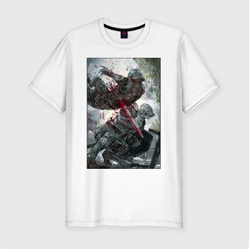 Мужская футболка хлопок Slim с принтом Dark Souls воины в Белгороде, 92% хлопок, 8% лайкра | приталенный силуэт, круглый вырез ворота, длина до линии бедра, короткий рукав | dark souls | fantasy | iron | warrior | бойцы | в доспехах | крестоносцы | фентези