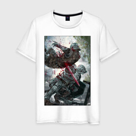 Мужская футболка хлопок с принтом Dark Souls воины в Белгороде, 100% хлопок | прямой крой, круглый вырез горловины, длина до линии бедер, слегка спущенное плечо. | dark souls | fantasy | iron | warrior | бойцы | в доспехах | крестоносцы | фентези