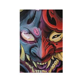 Обложка для паспорта матовая кожа с принтом Два лица в Белгороде, натуральная матовая кожа | размер 19,3 х 13,7 см; прозрачные пластиковые крепления | Тематика изображения на принте: арт | воин | двойная маска | демон | ёкай | китай | лицо | лицо демона | маска | рисунок | рога | самурай | япония