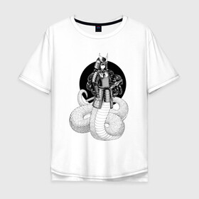 Мужская футболка хлопок Oversize с принтом Самурай наги в Белгороде, 100% хлопок | свободный крой, круглый ворот, “спинка” длиннее передней части | Тематика изображения на принте: арт | воин | демон | ёкай | змея | китай | манга | маска | мистическое существо | наги | рисунок | рога | самурай | чешуя | япония