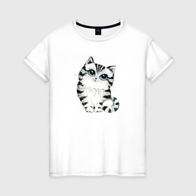Женская футболка хлопок с принтом Котёнок в Белгороде, 100% хлопок | прямой крой, круглый вырез горловины, длина до линии бедер, слегка спущенное плечо | голубые глаза | зверь | киса | кот | котейка | котёнок | кошак | кошка | маленький | миленький | полосатый | полоски | пушистый | серый | скетч | шерсть
