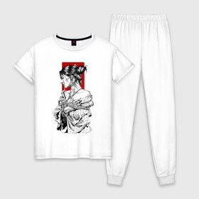 Женская пижама хлопок с принтом Шибари в Белгороде, 100% хлопок | брюки и футболка прямого кроя, без карманов, на брюках мягкая резинка на поясе и по низу штанин | арт | верёвка | девушка | кимано | рисунок | связывание | черно белый | чёрно белый рисунок | шибаре