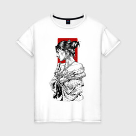 Женская футболка хлопок с принтом Шибари в Белгороде, 100% хлопок | прямой крой, круглый вырез горловины, длина до линии бедер, слегка спущенное плечо | арт | верёвка | девушка | кимано | рисунок | связывание | черно белый | чёрно белый рисунок | шибаре