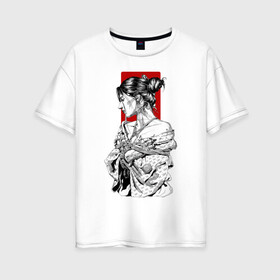 Женская футболка хлопок Oversize с принтом Шибари в Белгороде, 100% хлопок | свободный крой, круглый ворот, спущенный рукав, длина до линии бедер
 | арт | верёвка | девушка | кимано | рисунок | связывание | черно белый | чёрно белый рисунок | шибаре
