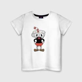 Детская футболка хлопок с принтом Cuphead в Белгороде, 100% хлопок | круглый вырез горловины, полуприлегающий силуэт, длина до линии бедер | cuphead | game | красная соломинка | платформер | стоит